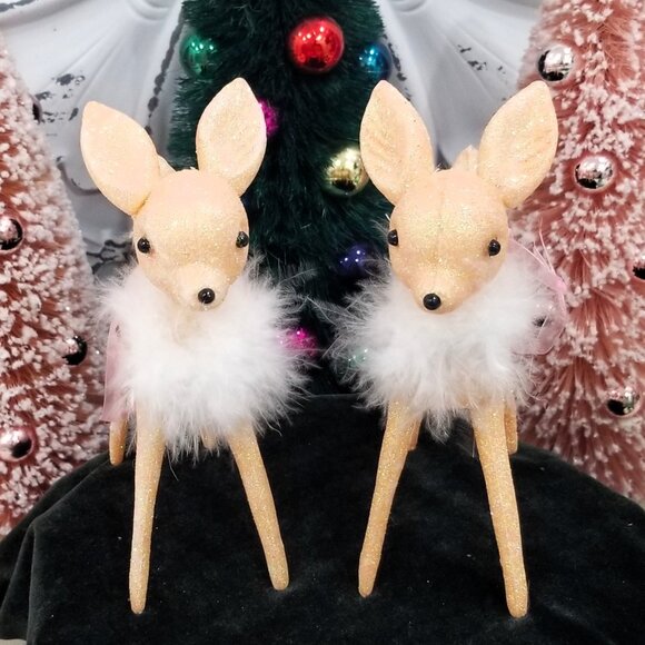 Pink Glitter Shabby Vintage Deer Fawn Christmas Ornaments Faux Fur Collar Kitsch - Picture 1 of 3